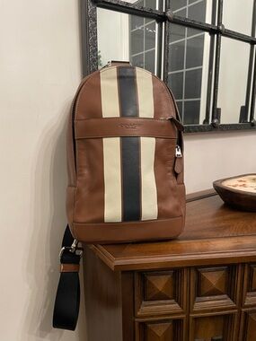 Coach Brown Leather Sling Bag with Ivory & Black Center Stripes